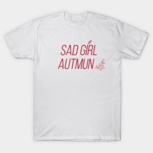 Sad Girl Autumn in Red T-Shirt